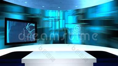 虚拟演播室，有一张桌子和两个电视屏幕。 虚拟电视工作室被设计成一个虚拟的背景